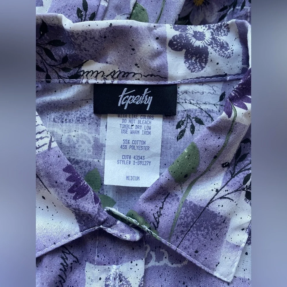Vintage Tapestry Purple Garden Floral Button Up Roll Tab Shirt Women's Medium - Picture 2 of 7